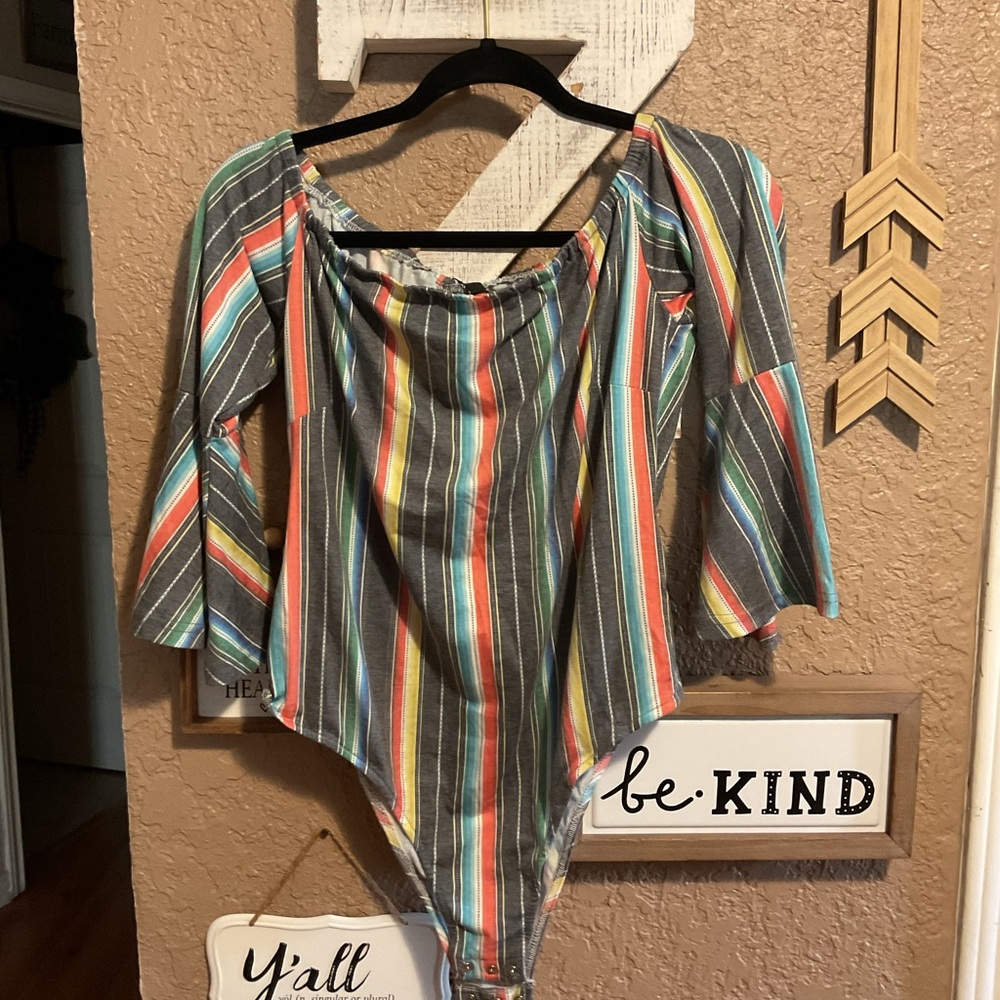L&B Lucky & Blessed Serape Striped Off the Shoulder Bodysuit Women’s Large NWT